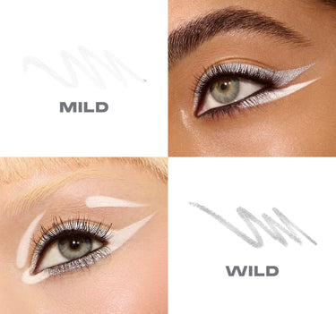 {Mild Or Wild (White/Shimmer Silver)} Morphe Bi-Liner Dual-Ended Gel Liners macro grid showing white gel swatch labeled MILD and shimmer silver swatch labeled WILD alongside two model eye close-ups with matching graphic liner looks.