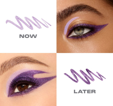 {Now Or Later (Lilac/Shimmer Purple)} Bi-Liner Dual-Ended Gel Liners macro grid showing lilac "NOW" and shimmer purple "LATER" gel swatches alongside two model eye looks.