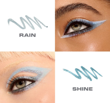 {Rain Or Shine (Light Blue/Shimmer Blue)} Bi-Liner Dual-Ended Gel Liners macro grid showing RAIN light blue and SHINE teal swatches alongside eye application looks.