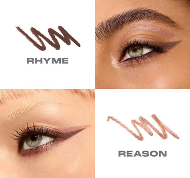 {Rhyme Or Reason (Light Brown/Shimmer Rose Gold)} Bi Liner Dual Ended Gel Liners macro grid showing RHYME dark brown swatch and liner eye look alongside REASON shimmer rose gold swatch and liner eye look.