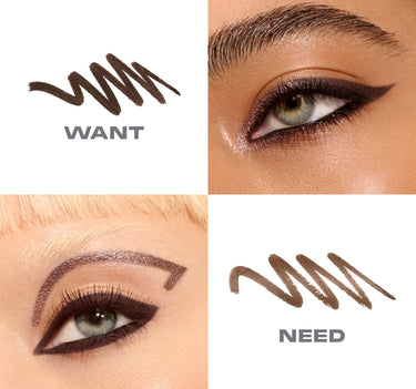 {Want Or Need (Dark Brown/Shimmer Brown)} Morphe Bi Liner Dual Ended Gel Liners macro grid showing WANT dark brown swatch and winged liner look alongside NEED shimmer brown swatch and graphic liner look.