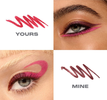 {Yours Or Mine (Pink/Shimmer Cranberry)} Four-panel grid showing YOURS pink and MINE shimmer cranberry swatches and eye looks for Morphe Bi Liner Dual-Ended Gel Liners.