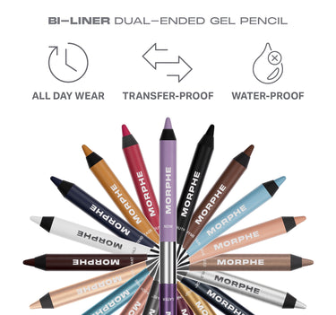 Morphe Bi Liner Dual Ended Gel Pencils fanned in a circle showing all shades with claim icons: ALL DAY WEAR, TRANSFER-PROOF, WATER-PROOF.