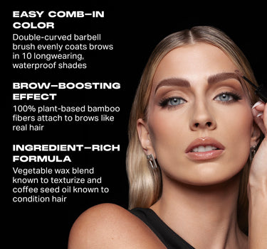 {Praline} Brow Tease Fiber Infused Volumizing Mousse benefits infographic: EASY COMB-IN COLOR — double-curved barbell brush evenly coats brows in 10 longwearing, waterproof shades; BROW-BOOSTING EFFECT — 100% plant-based bamboo fibers attach to brows like real hair; INGREDIENT-RICH FORMULA — vegetable wax blend known to texturize and coffee seed oil known to condition hair; model shown applying product.