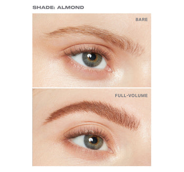 {Almond} SHADE: ALMOND before-and-after model showing Brow Tease Fiber Infused Volumizing Mousse — BARE reveals sparse brows; FULL-VOLUME shows thick, defined brows.