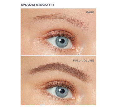 {Biscotti} Brow Tease Fiber-Infused Volumizing Mousse before-and-after: SHADE: BISCOTTI — BARE: natural brows, FULL-VOLUME: visibly fuller, volumized brows.