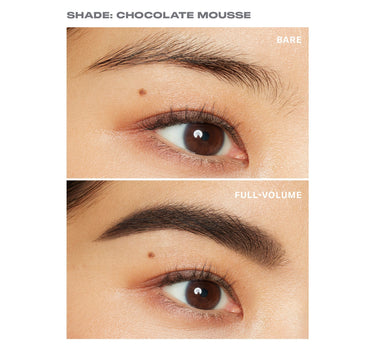 {Chocolate Mousse} Brow Tease Fiber Infused Volumizing Mousse before/after: "SHADE: CHOCOLATE MOUSSE" — BARE sparse brows versus FULL-VOLUME dark volumized brows.