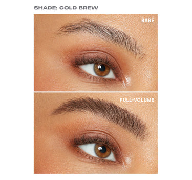 {Cold Brew} Brow Tease Fiber Infused Volumizing Mousse shade Cold Brew before-and-after: "BARE" brow above, "FULL-VOLUME" brow below.