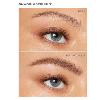 {Hazelnut} Brow Tease Fiber Infused Volumizing Mousse before-and-after on model labeled SHADE: HAZELNUT, BARE and FULL-VOLUME showing brow volumizing effect.