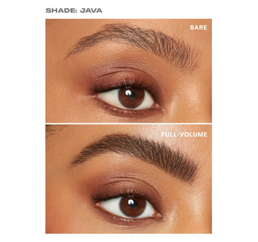 {Java} Before-and-after model brow shots labeled SHADE: JAVA, BARE and FULL-VOLUME showing Brow Tease Fiber Infused Volumizing Mousse results.