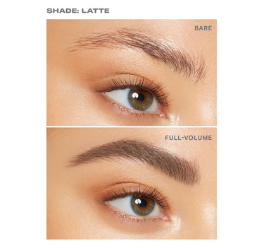 {Latte} Before-and-after model eye showing Brow Tease Fiber Infused Volumizing Mousse in shade Latte, labeled SHADE: LATTE, BARE above and FULL-VOLUME below.