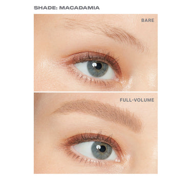 {Macadamia} Brow Tease Fiber Infused Volumizing Mousse before-and-after showing SHADE: MACADAMIA with BARE and FULL-VOLUME brow results.