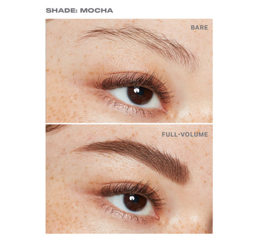 {Mocha} Brow Tease Fiber Infused Volumizing Mousse before-and-after in Shade: Mocha — top labeled BARE shows sparse brow; bottom labeled FULL-VOLUME shows a thicker, volumized brow.