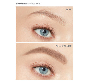 {Praline} Before-and-after comparison of Brow Tease Fiber Infused Volumizing Mousse in Praline labeled "SHADE: PRALINE" showing BARE brow versus FULL-VOLUME result on a model with blue eyes.