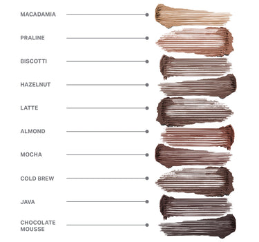 {Praline} Swatch infographic for Brow Tease Fiber Infused Volumizing Mousse showing ten shades: Macadamia, Praline, Biscotti, Hazelnut, Latte, Almond, Mocha, Cold Brew, Java, Chocolate Mousse.
