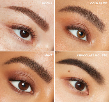 {Mocha} Brow Tease Fiber-Infused Volumizing Mousse on-brow macro grid showing shades MOCHA, COLD BREW, JAVA, and CHOCOLATE MOUSSE across diverse skin tones.