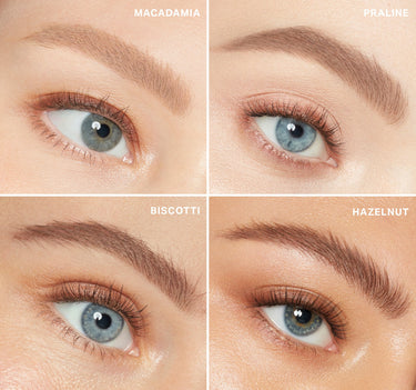 {Praline} Brow Tease Fiber Infused Volumizing Mousse macro eye grid showing shades MACADAMIA, PRALINE, BISCOTTI, and HAZELNUT on skin.