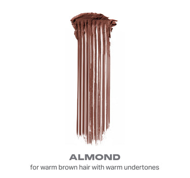 {Almond} Brow Tease Fiber Infused Volumizing Mousse swatch showing warm brown fiber-streaked texture, ALMOND for warm brown hair with warm undertones