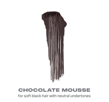 {Chocolate Mousse} Swatch of CHOCOLATE MOUSSE dark brown Brow Tease Fiber Infused Volumizing Mousse for soft black hair with neutral undertones showing vertical strokes.