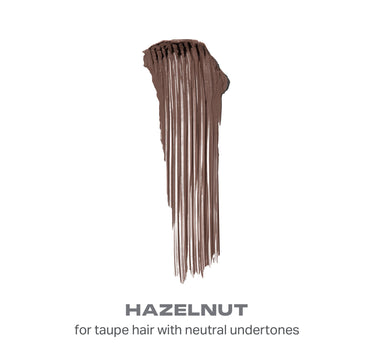 {Hazelnut} Brow Tease Fiber Infused Volumizing Mousse swatch, HAZELNUT, for taupe hair with neutral undertones, showing fibrous stringy texture.