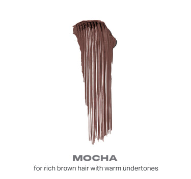 {Mocha} Brow Tease Fiber Infused Volumizing Mousse swatch in Mocha with vertical fiber texture; text reads: MOCHA for rich brown hair with warm undertones.
