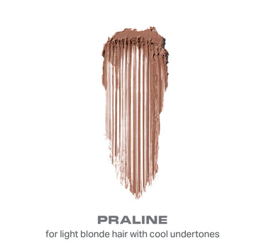 {Praline} Brow Tease Fiber Infused Volumizing Mousse swatch in Praline with vertical strokes; text: PRALINE for light blonde hair with cool undertones. | Brow Tease Fiber-Infused Volumizing Mousse | Secondary image