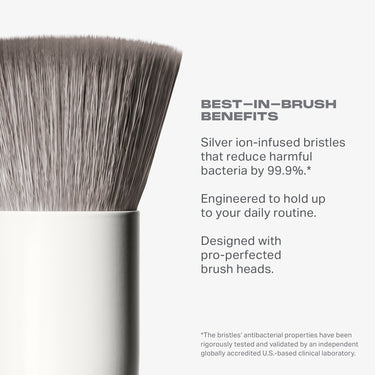 Along For The Glide 6 Piece Travel Brush Set infographic showing a brush with grey bristles and white handle alongside text: BEST-IN-BRUSH BENEFITS — Silver ion-infused bristles that reduce harmful bacteria by 99.9%.* Engineered to hold up to your daily routine. Designed with pro-perfected brush heads.