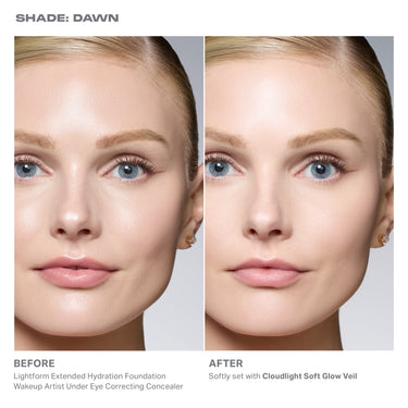 {Dawn} Before and after model wearing Cloudlight Soft Glow Veil in shade Dawn — BEFORE: Lightform Extended Hydration Foundation, Wakeup Artist Under Eye Correcting Concealer; AFTER: Softly set with Cloudlight Soft Glow Veil.