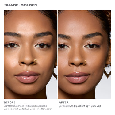 {Golden Hour} SHADE: GOLDEN before-and-after model swatch showing Cloudlight Soft Glow Veil finishing powder over Lightform Extended Hydration Foundation and Wakeup Artist Under Eye Correcting Concealer, softly set with Cloudlight Soft Glow Veil.