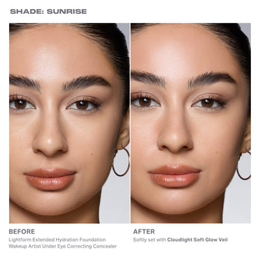 {Sunrise} Before and after model shot showing SHADE: SUNRISE — BEFORE: Lightform Extended Hydration Foundation, Wakeup Artist Under Eye Correcting Concealer; AFTER: Softly set with Cloudlight Soft Glow Veil.