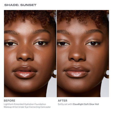 {Sunset} Before-and-after comparison labeled "SHADE: SUNSET" showing Cloudlight Soft Glow Veil softly setting deep skin; BEFORE: Lightform Extended Hydration Foundation, Wakeup Artist Under Eye Correcting Concealer; AFTER: Softly set with Cloudlight Soft Glow Veil.