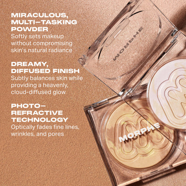 {Dawn} Cloudlight Soft Glow Veil benefits infographic showing open compact with MORPHE engraved pan and text: MIRACULOUS, MULTI-TASKING POWDER — Softly sets makeup without compromising skin