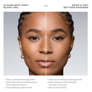 {Dawn} Split-face comparison: CLOUDLIGHT SOFT GLOW VEIL VS. BAKE & SET SETTING POWDER — sheer pressed finishing powder with cloud-diffused radiant finish versus natural matte finish.