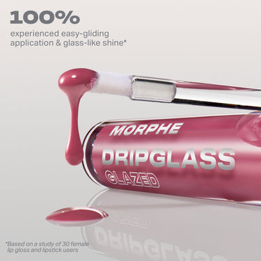 Morphe Dripglass Glazed High Shine Lip Gloss tube with dripping applicator and claims "100% experienced easy-gliding application & glass-like shine* *Based on a study of 30 female lip gloss and lipstick users"