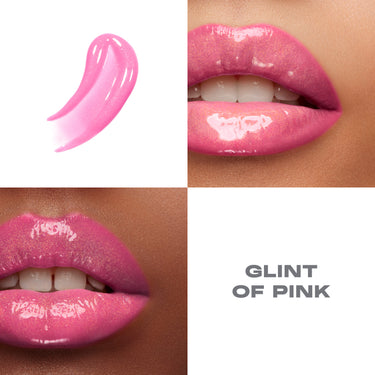 {Glint Of Pink} Dripglass Glazed High Shine Lip Gloss in GLINT OF PINK: texture swatch and two lip swatches on medium and deep skin tones showing shimmery pink gloss.