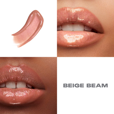 {Beige Beam} Dripglass Glazed High Shine Lip Gloss in BEIGE BEAM: shimmer swatch and two-model lip macro showing glossy shimmer finish.