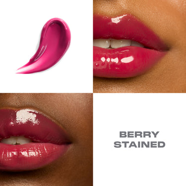 {Berry Stained} Dripglass Glazed High Shine Lip Gloss in BERRY STAINED — deep berry swatch and two model lip close-ups showing glossy, high-shine wet finish.