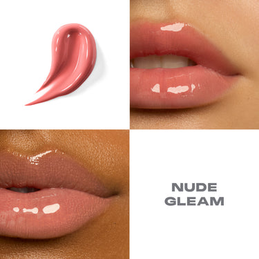 {Nude Gleam} Dripglass Glazed High Shine Lip Gloss NUDE GLEAM: rosy-nude swatch and two lip application close-ups showing glossy finish.