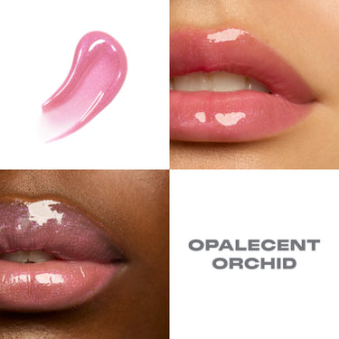 {Opalescent Orchid} Dripglass Glazed High Shine Lip Gloss in OPALESCENT ORCHID: pink shimmer swatch and two lip swatches on light and deep skin tones.