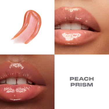 {Peach Prism} Dripglass Glazed High Shine Lip Gloss in PEACH PRISM: peach shimmer swatch and glossy lip application on two models.