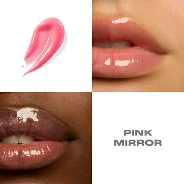 {Pink Mirror} Dripglass Glazed High Shine Lip Gloss in Pink Mirror: sheer pink swatch and two lip swatches on light and deep skin tones showing mirror-glossy finish.