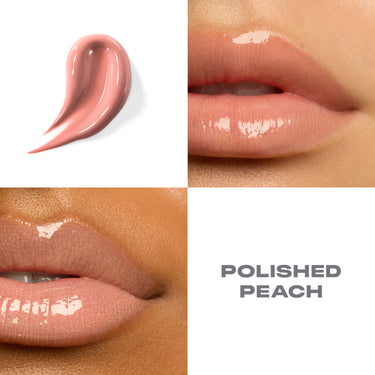 {Polished Peach} Dripglass Glazed High Shine Lip Gloss in POLISHED PEACH — gloss swatch and two macro lip-wear shots showing glossy finish on medium and deep skin tones.