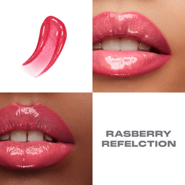 {Raspberry Reflection} Dripglass Glazed High Shine Lip Gloss swatch and two model lip close-ups in Raspberry Reflection, deep pink with high-shine shimmer finish — text reads "RASBERRY REFELCTION"