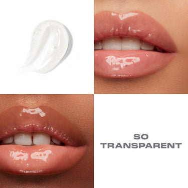 {So Transparent} Dripglass Glazed High Shine Lip Gloss clear gloss swatch and model lip close-ups on two skin tones; text: SO TRANSPARENT