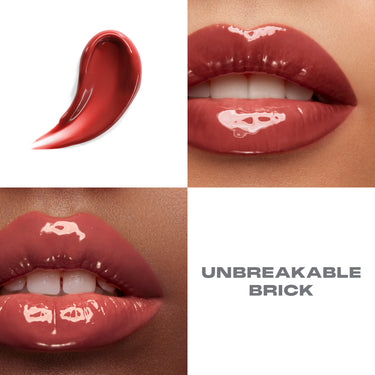 {Unbreakable Brick} Dripglass Glazed High Shine Lip Gloss in UNBREAKABLE BRICK: burgundy-red swatch and two model lip close-ups with high-shine glazed finish.
