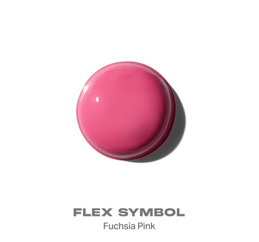 {Flex Symbol} Hot Shot Blush Drops glossy fuchsia drop smear shot, labeled FLEX SYMBOL and Fuchsia Pink.