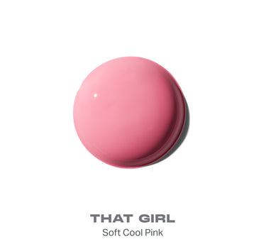 {That Girl} Morphe Hot Shot Blush Drops smear swatch in Soft Cool Pink with glossy, dimensional finish, labeled THAT GIRL Soft Cool Pink.