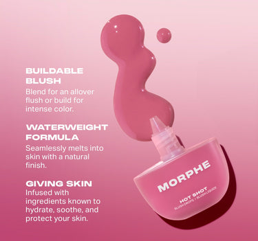 {Power Drip} Morphe Hot Shot Blush Drops / Blush Liquide dropper with pink formula swirl on pink background; "Buildable Blush: Blend for an allover flush or build for intense color. Waterweight Formula: Seamlessly melts into skin with a natural finish. Giving Skin: Infused with ingredients known to hydrate, soothe, and protect your skin."