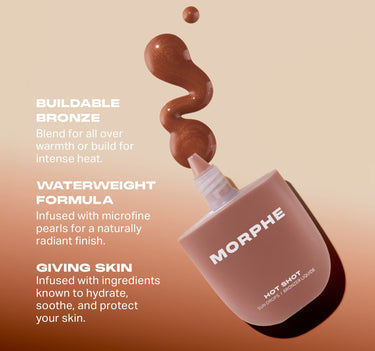 {Money Honey} Morphe Hot Shot Sun Drops bottle with bronze wavy drip; BUILDABLE BRONZE Blend for all over warmth or build for intense heat. WATERWEIGHT FORMULA Infused with microfine pearls for a naturally radiant finish. GIVING SKIN Infused with ingredients known to hydrate, soothe, and protect your skin.