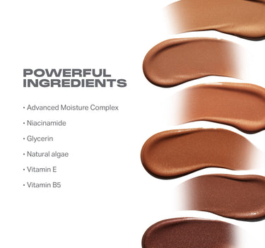 {Money Honey} Hot Shot Sun Drops ingredient swatches showing POWERFUL INGREDIENTS: Advanced Moisture Complex, Niacinamide, Glycerin, Natural algae, Vitamin E, Vitamin B5.